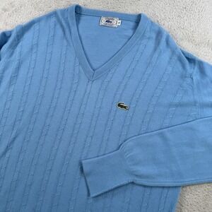 Vintage Izod Lacoste Sweater Size XL Blue Cable Knit Long Sleeve V-Neck Pullover